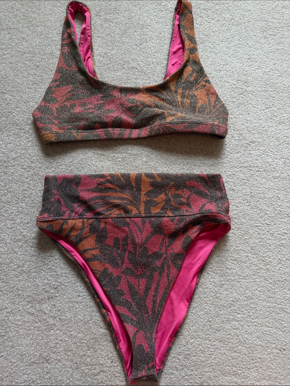 Beach riot  Pink & Brown Shimmer High-Waist Bikini Set